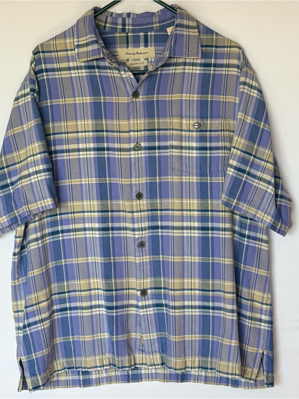 Tommy Bahama Silk Blue and Yellow Plaid Short-Sleeve Camp Shirt